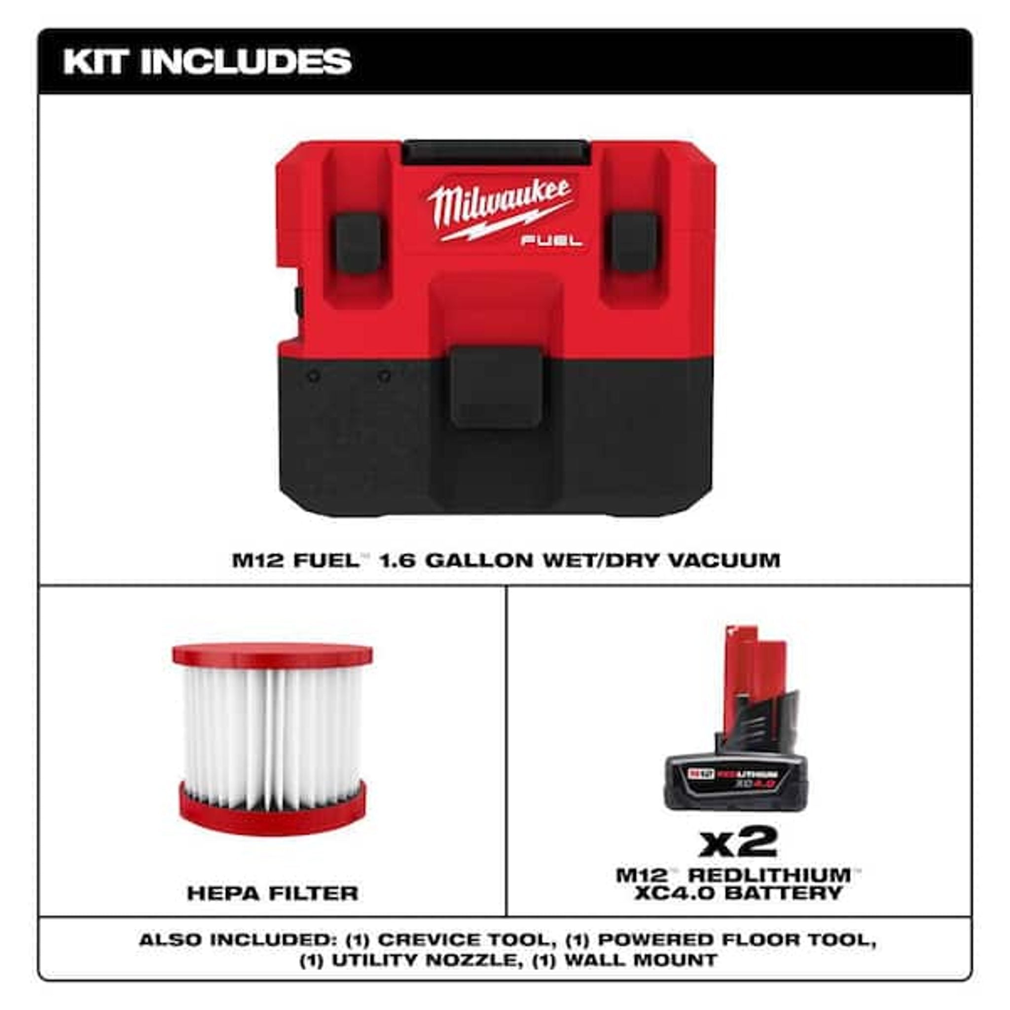 Milwaukee M12 FUEL Cordless Wet/Dry Vacuum 1.6 Gal, HEPA Filter