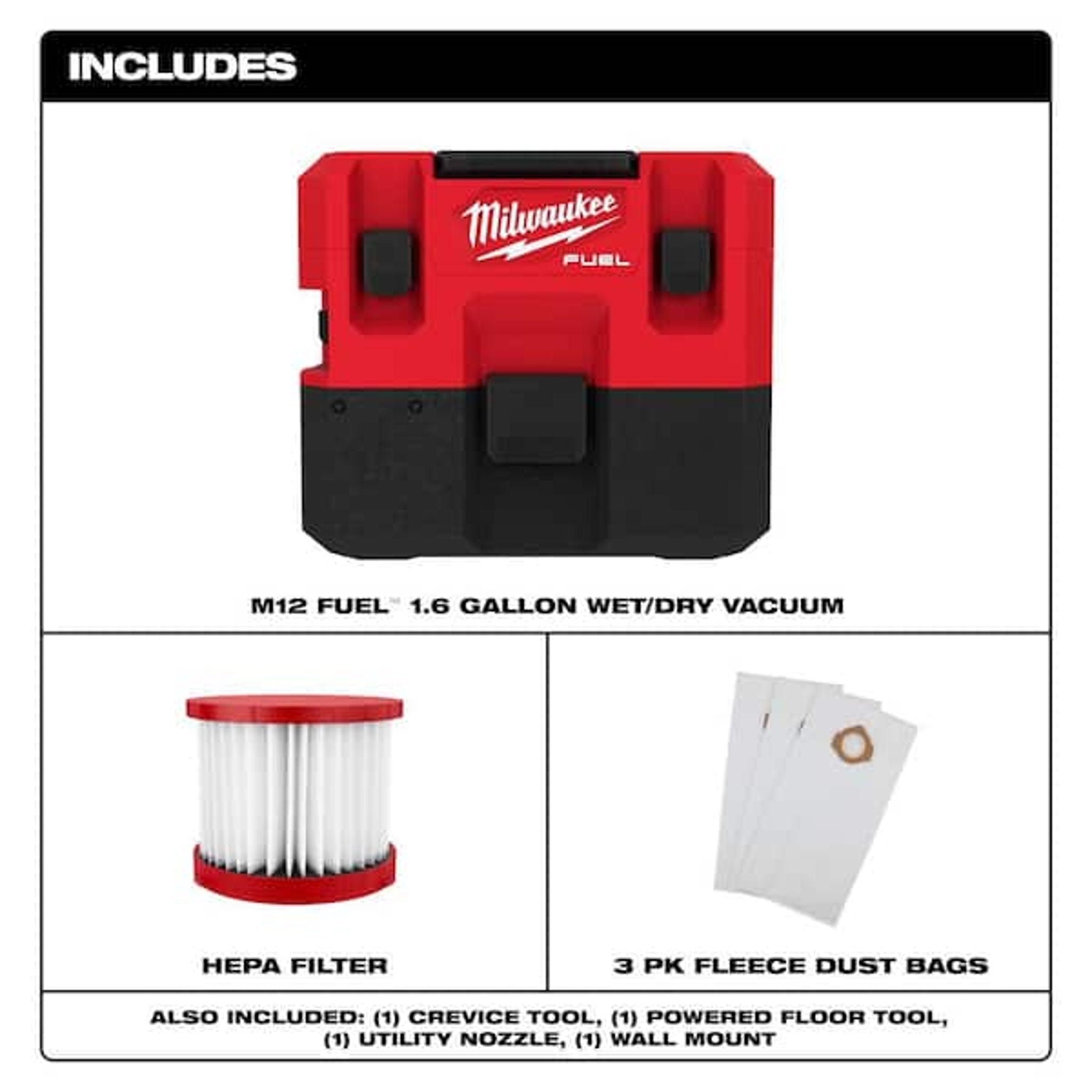Milwaukee M12 FUEL Cordless Wet/Dry Vacuum 1.6 Gal, HEPA Filter
