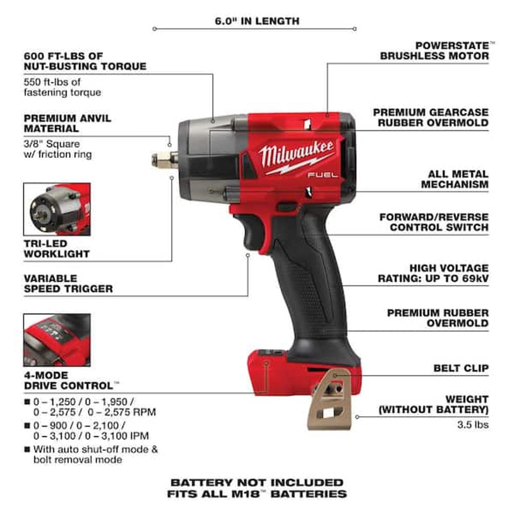 MILWAUKEE TOOL M18 FUEL Impact Wrench 3/8 Mid-Torque 600 Ft-lbs
