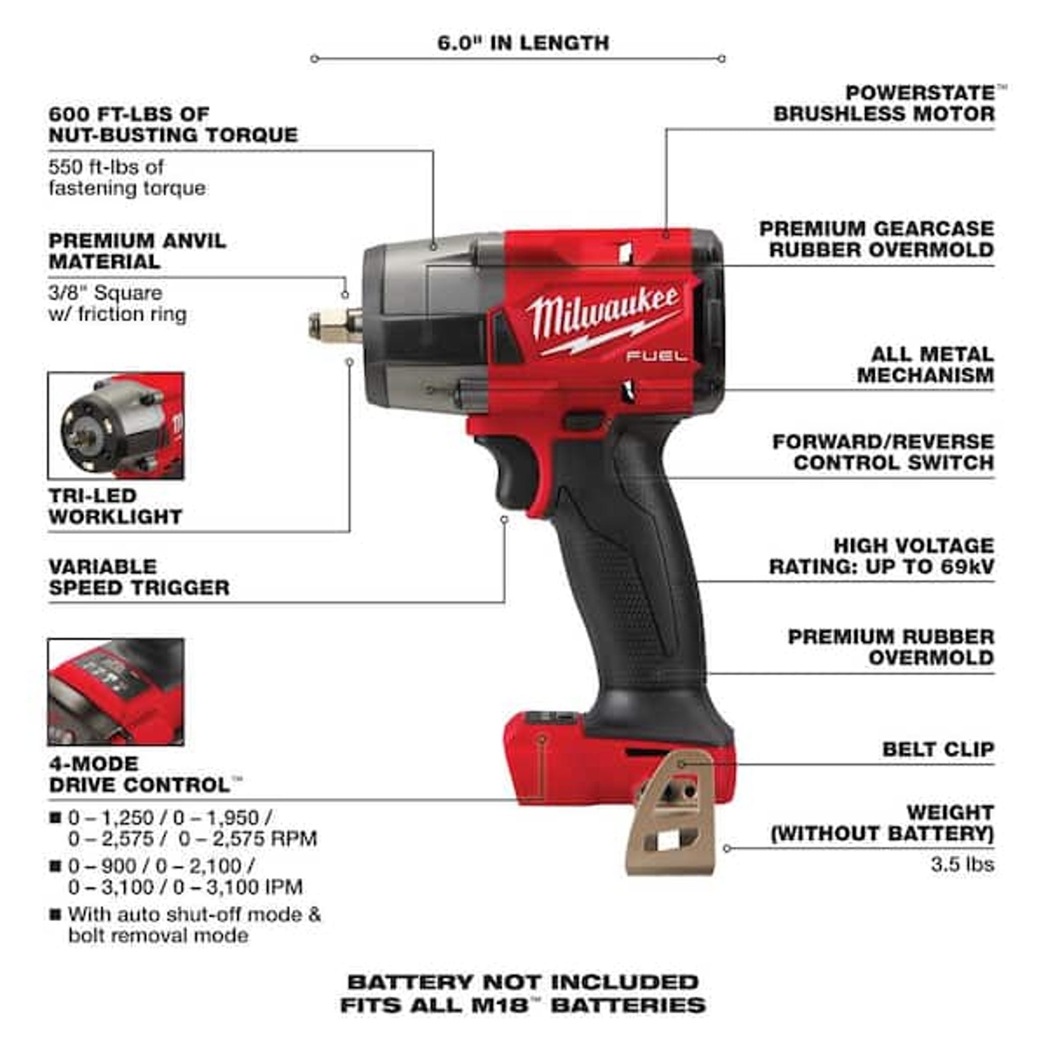 MILWAUKEE TOOL M18 FUEL Impact Wrench 3/8 Mid-Torque 600 Ft-lbs